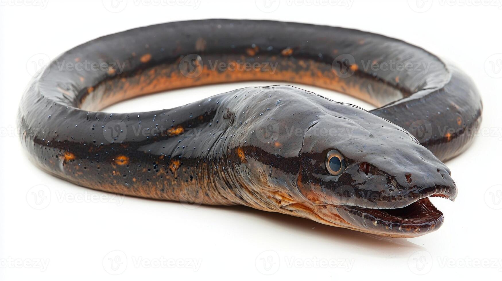 striking electric eel species Electrophorus electricus is shown on a white background highlighting its fascinating features for educational and research purposes. photo