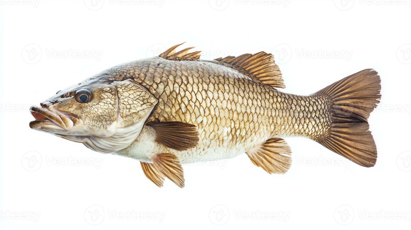 Barramundi fish scientifically known as Lates calcarifer is showcased against a white backdrop emphasizing its distinctive scales and features. photo