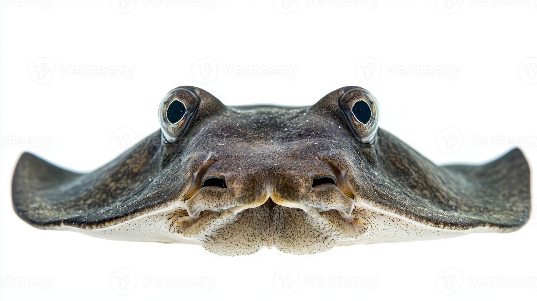 Giant Freshwater Stingray known for its remarkable size and distinct features is captured against a clean white backdrop emphasizing its fascinating morphology and textures. photo