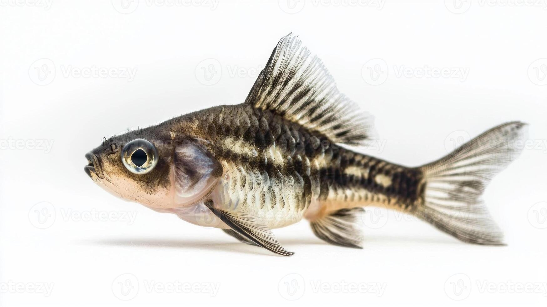 Panda Corydoras is depicted as it swims displaying its distinctive markings and elegant fins against a clean white backdrop highlighting its beauty and charm. photo