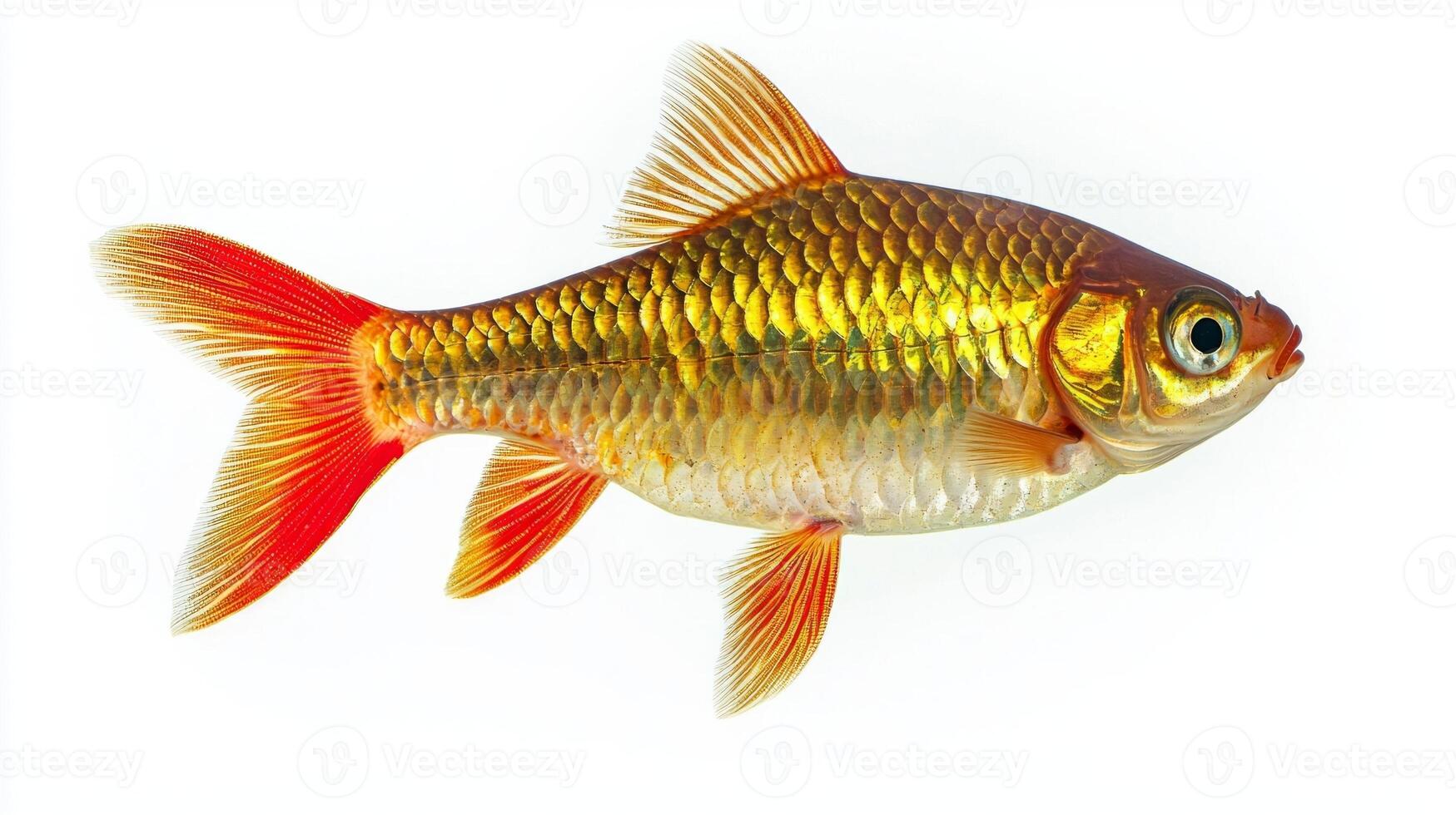 Rosy Barb known for its striking golden body and red fins is presented against a white background highlighting its distinct features and vibrant colors. photo