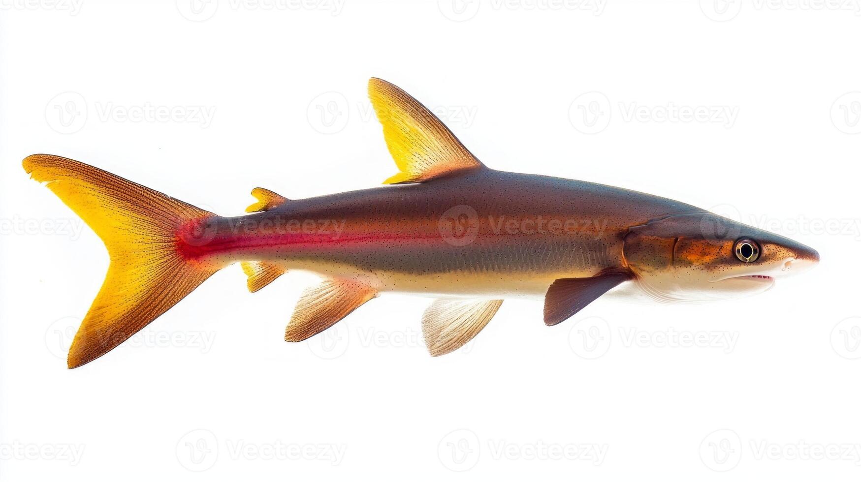vibrant Rainbow Shark Epalzeorhynchos frenatum is featured emphasizing its distinctive coloration and sleek shape in a bright white setting. photo