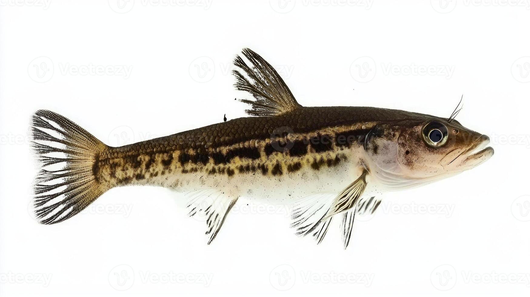 Otocinclus Catfish displays its unique markings and features while swimming. The fish is isolated against a white backdrop highlighting its distinct characteristics. photo