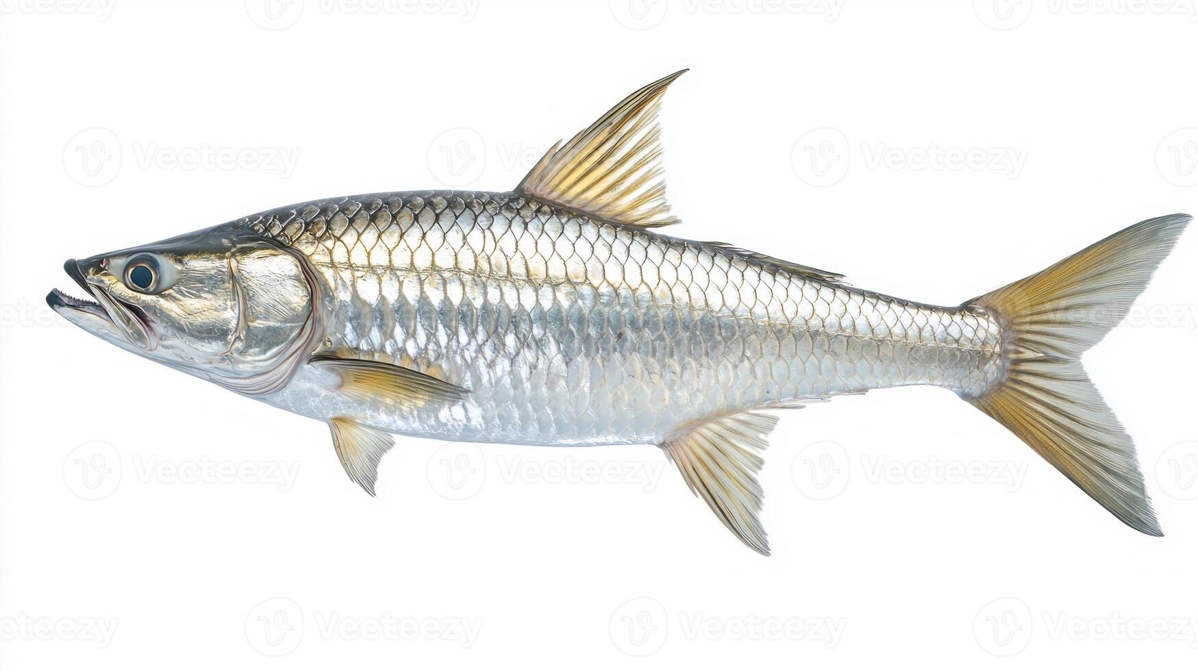 stunning Atlantic Tarpon is highlighted against a white backdrop displaying its silver scales and elongated body showcasing its elegance and strength. photo