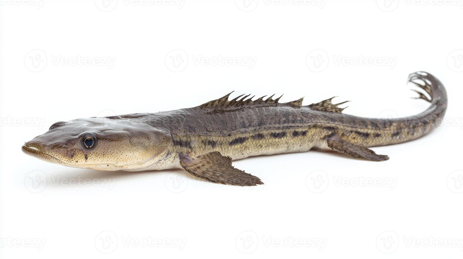 Bichir a fascinating fish species in the Polypteridae family showcases its elongated body and distinctive fins on a pure white backdrop. photo