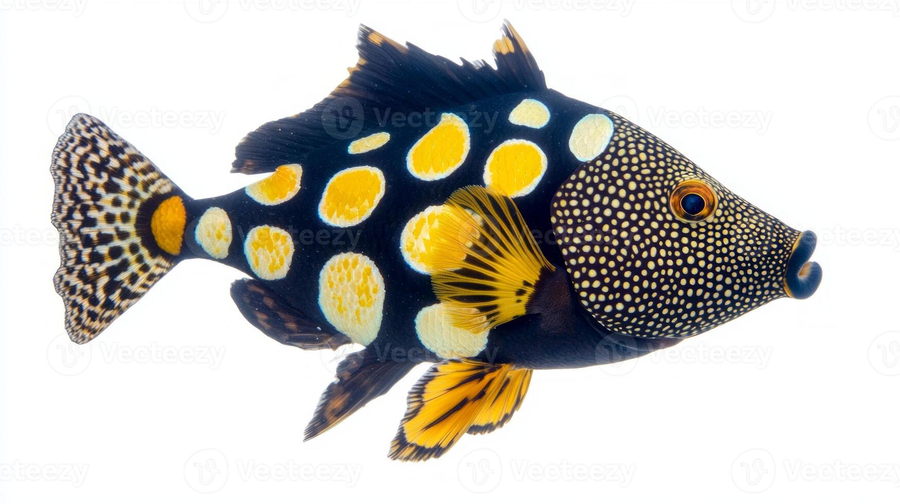 colorful Clown Triggerfish swims elegantly displaying its striking yellow and black markings against a clean white backdrop highlighting its beauty and form. photo