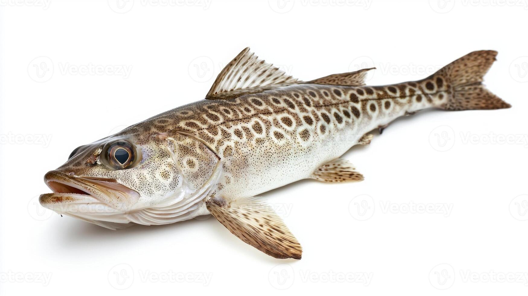 Hake fish is prominently displayed against a white background highlighting its striking markings and distinctive body shape. Captured in high resolution the details emphasize its natural features. photo
