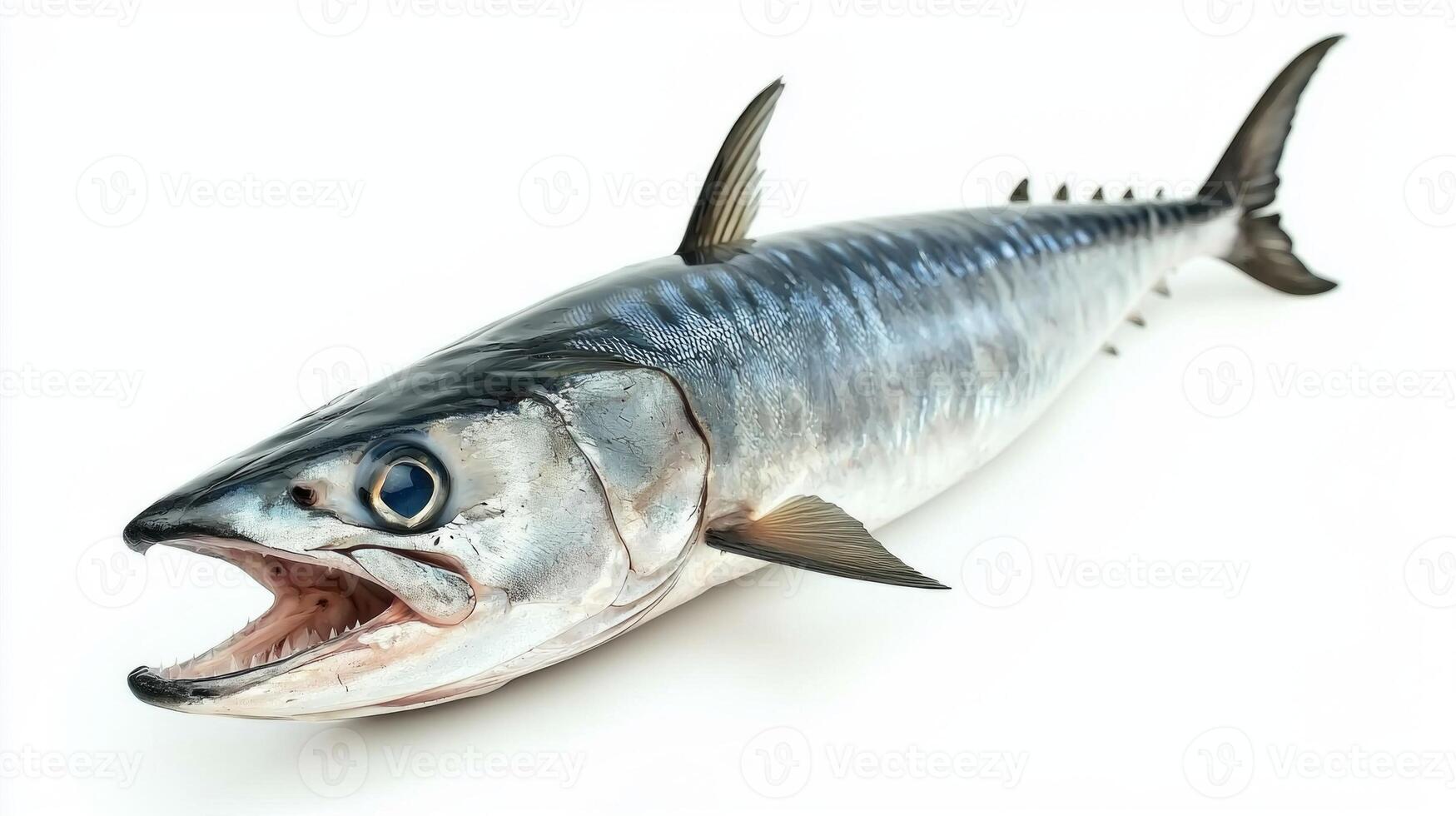 striking King Mackerel showcases its elongated body and sharp teeth emphasizing its natural colors and patterns against a clean white background for clarity. photo