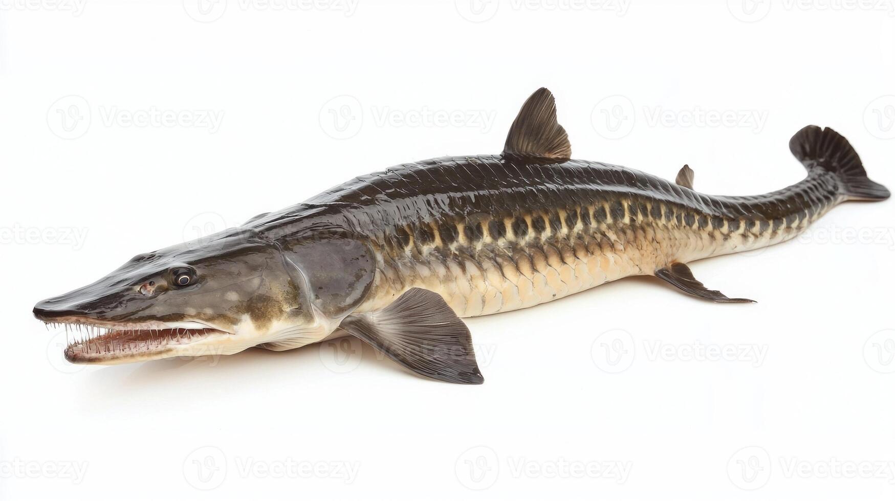 sturgeon is prominently displayed against a white backdrop illustrating its elongated body prominent snout and unique fin structure. This fish species is vital for ecological balance. photo