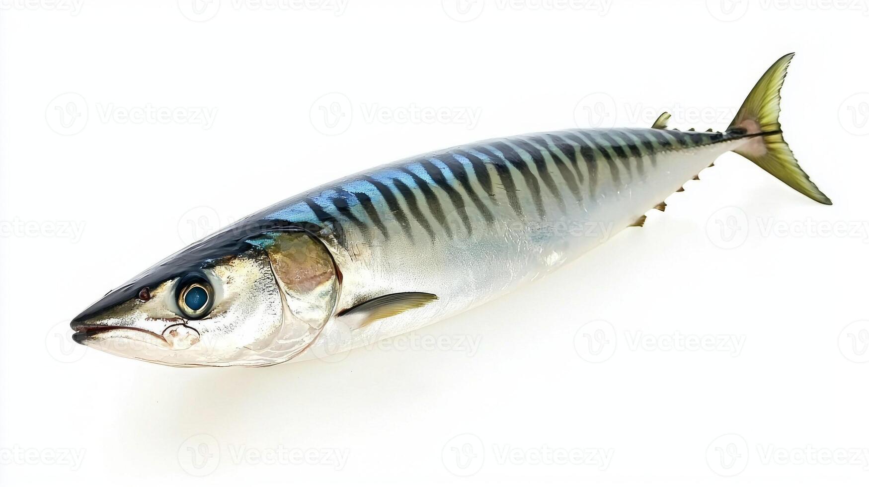 Atlantic mackerel showcases its streamlined body and striking markings against a pure white background emphasizing its qualities as a popular fish species. photo