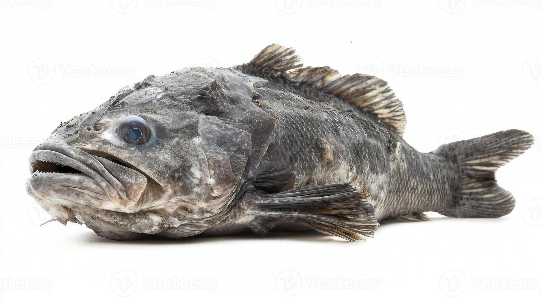 Atlantic Wolffish Anarhichas lupus lies against a white background highlighting its unique body shape and coloration commonly found in colder Atlantic waters. photo