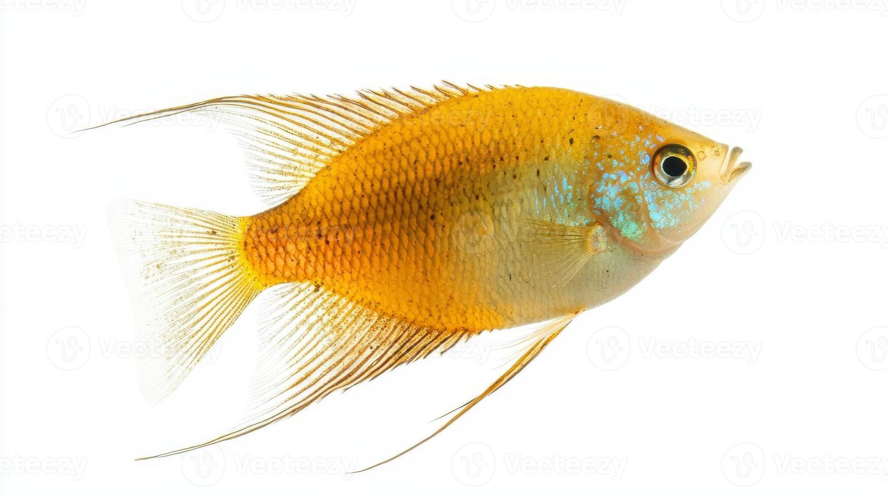 Honey Gourami a vibrant freshwater fish displays its beautiful golden hue and intricate fin patterns while navigating a simple white backdrop. photo