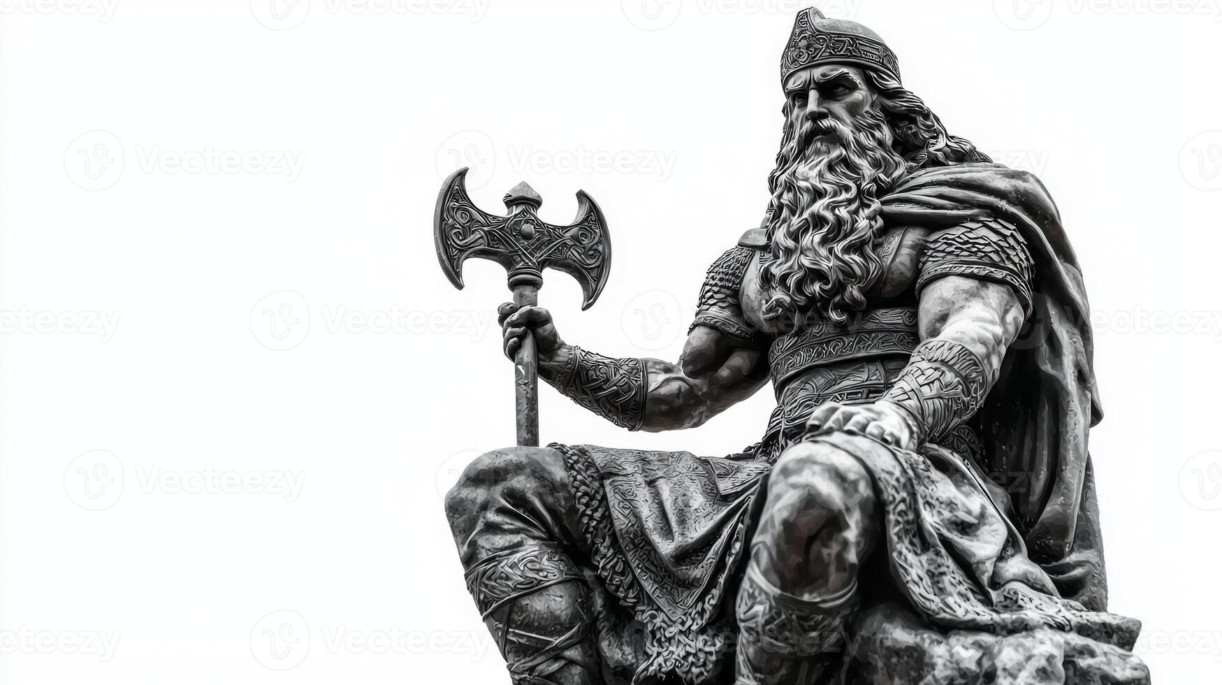 Scandinavian god Baldr in a realistic style showcasing his imposing figure and intricate details as he sits confidently with an axe. photo