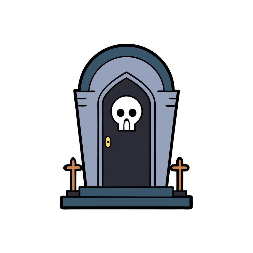 Scary halloween skull hovering over the entrance of a spooky crypt vector
