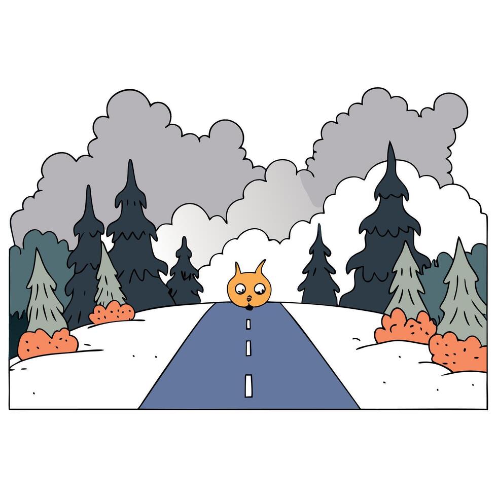 Raster illustration of a road in the forest after a fire under clouds of smoke. Big fog with puffs of smoke. Saturday. evil spirits. frightening landscape. vector