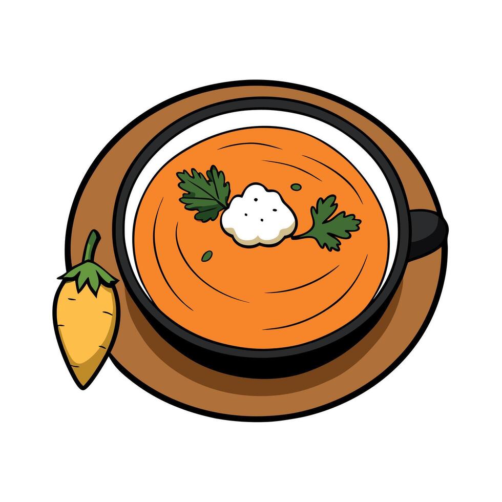 Pumpkin and carrot soup with cream and parsley on dark wooden background Top view Copy space. AI vector