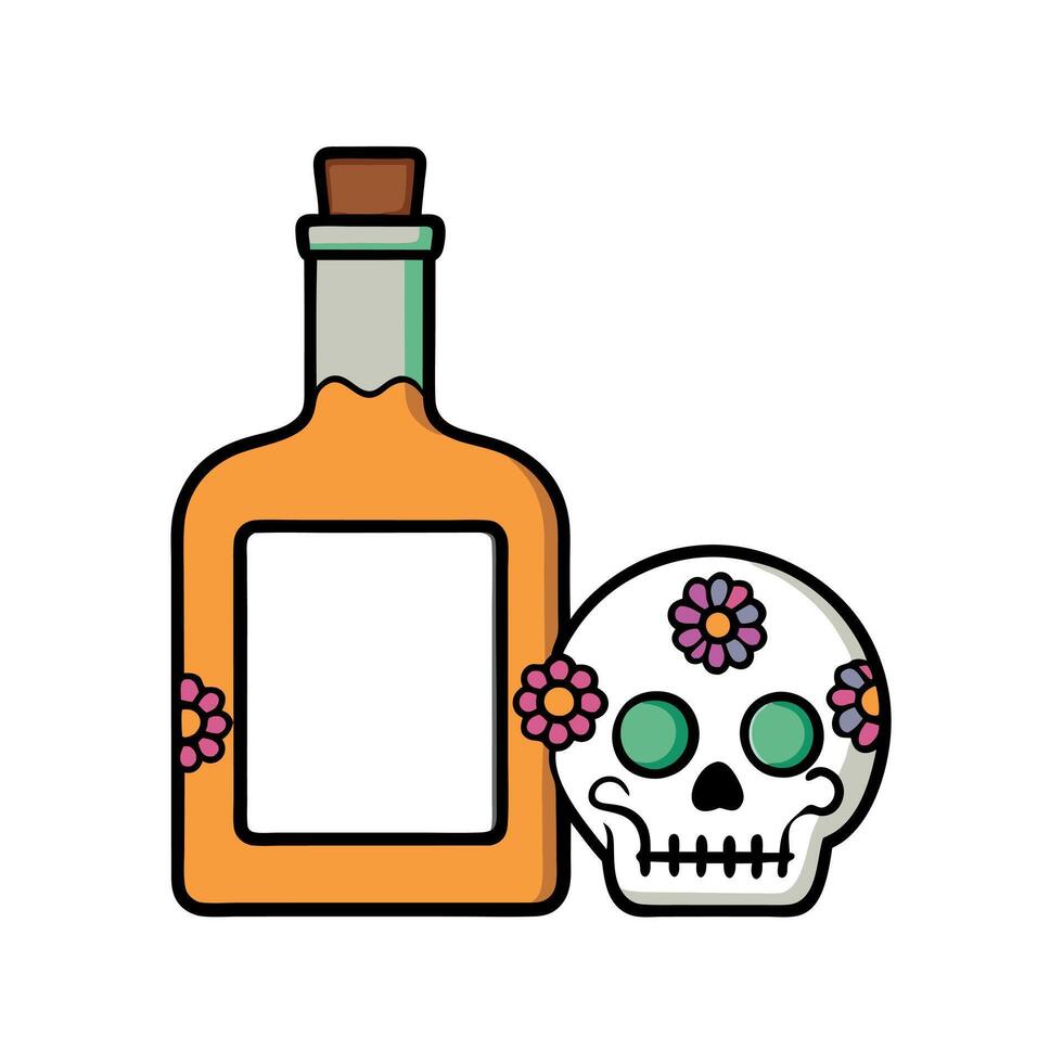 Offering of tequila and skull with flowers in memory of our deceased in the Day of the Dead celebration with an empty photo frame.mockup. Halloween. copy space vector
