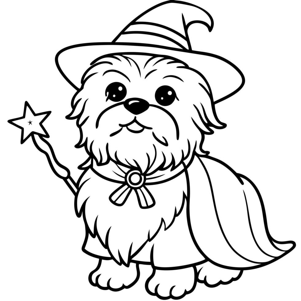 Photo of a Shih Tzu dog dressed as a wizard with a tiny magic wand. vector