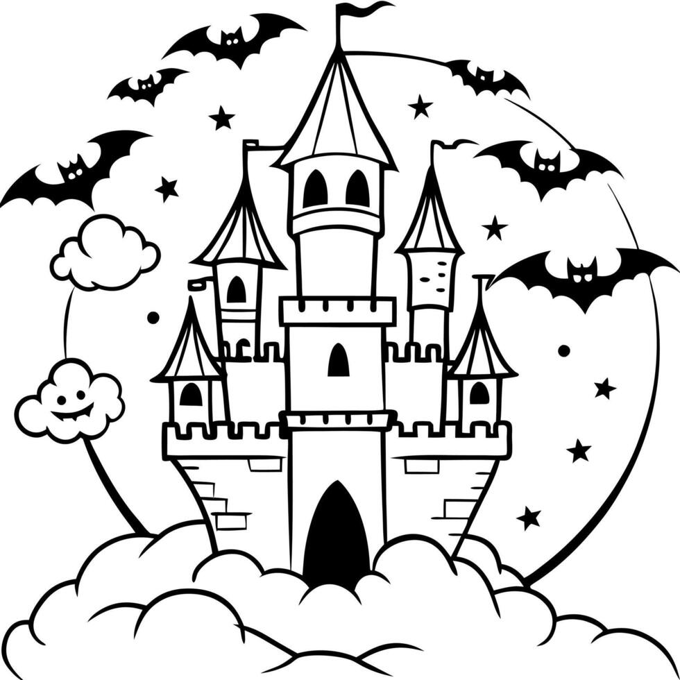 Scary horror and haunted Dracula medieval vampire castle with bats. Halloween myth and legend. Creepy atmosphere with big clouds. vector