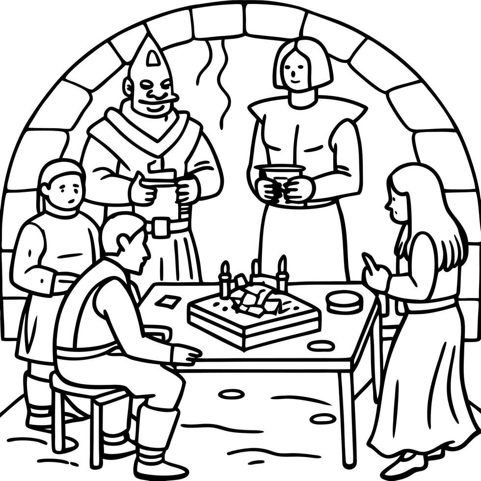 Roleplaying scenery in fantasy dungeon interior with characters playing tabletop rpg games vector