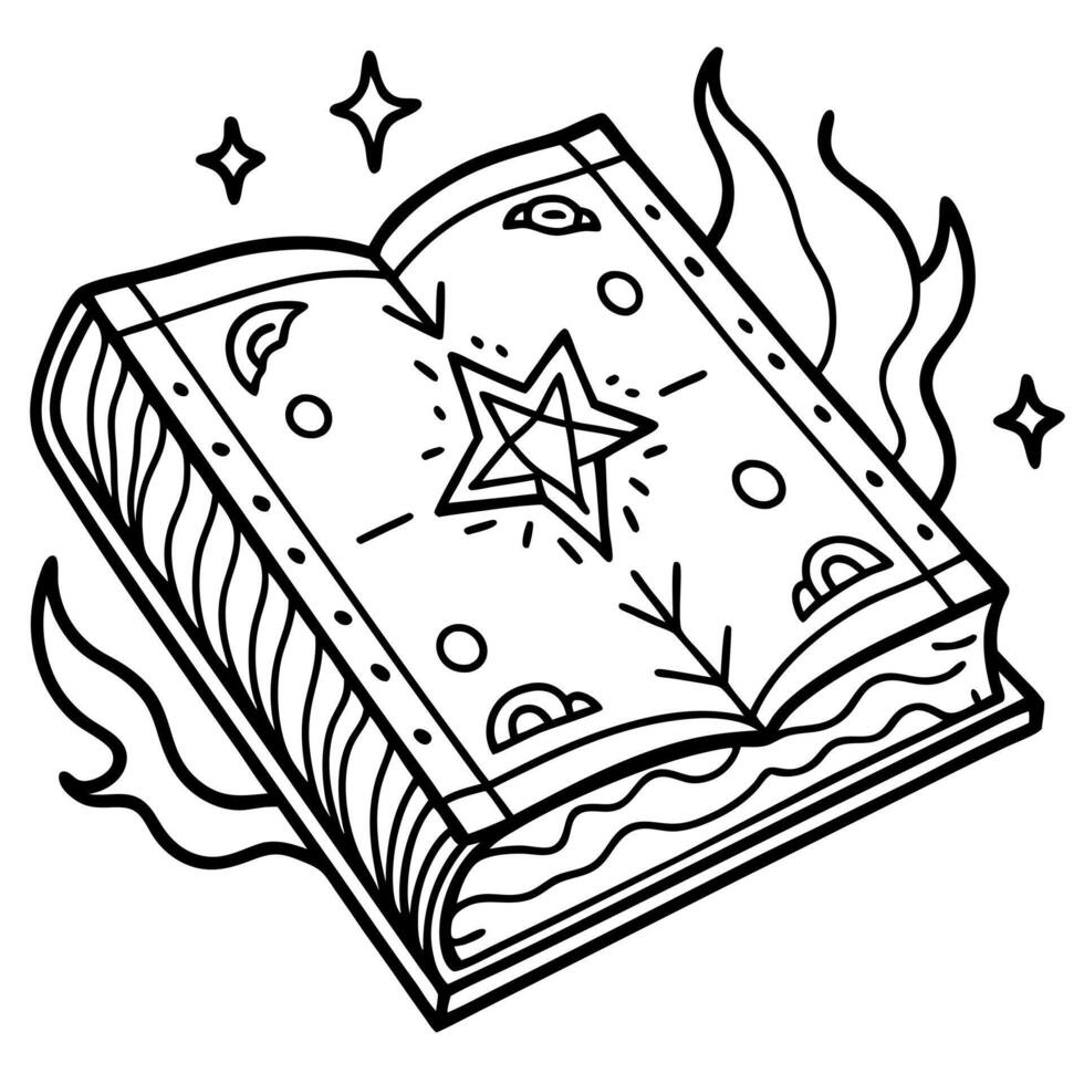 Raster illustration of magic book. Manuscripts with ancient spells and incantations. A book with a beautiful magical sowing around. mysticism. witches. sorcerers. 3D rendering background vector