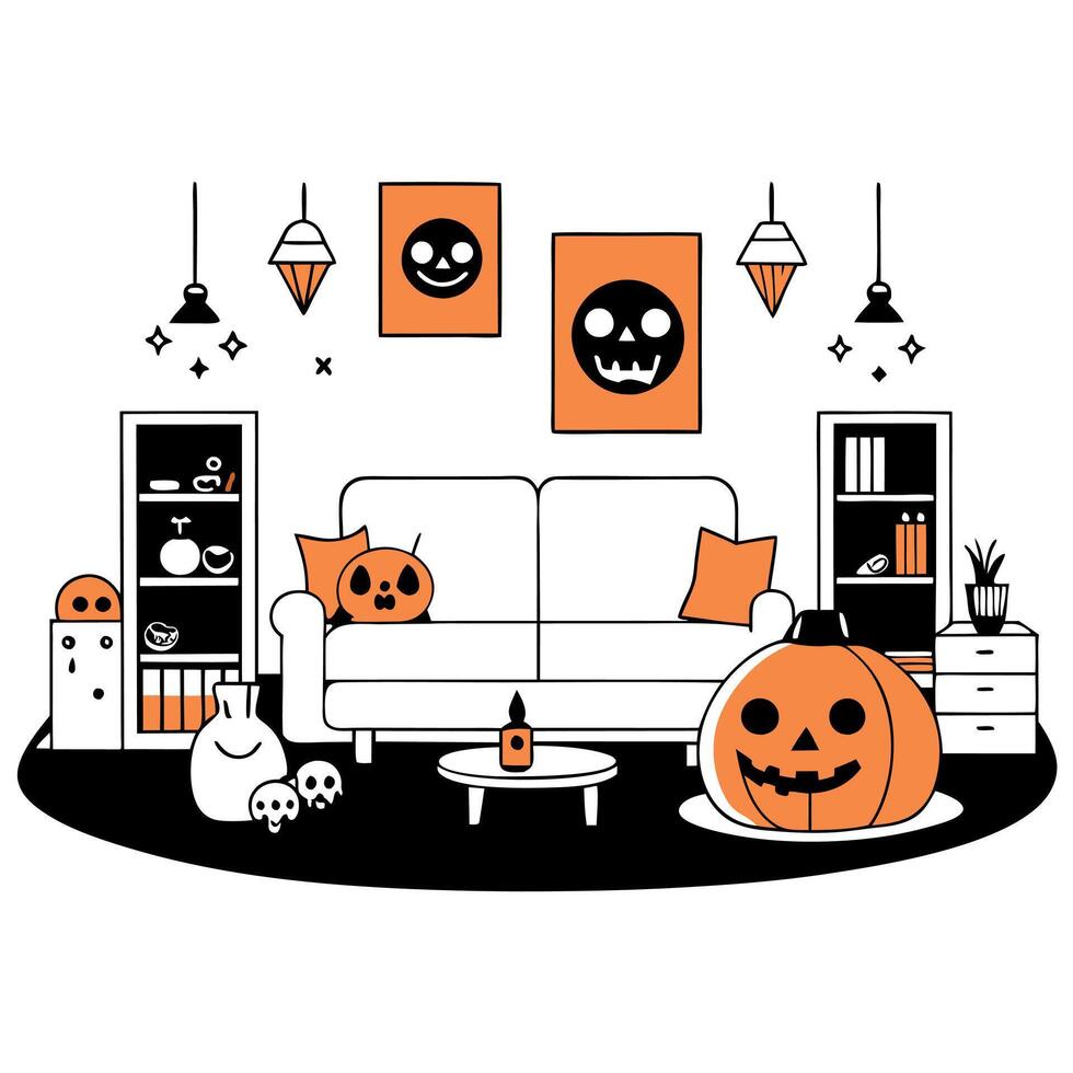 Large modern living room Halloween creative decorations in white-black-orange colors. vector