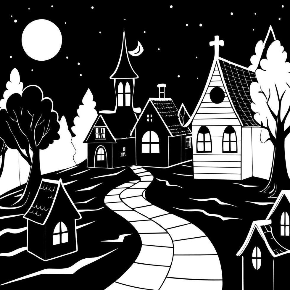 Mystical Autumn Night in the Old Ghost Village 3D Art Illustration. Small Old Town Creepy Misty Street with Lights and Weird Houses Halloween Background. AI Neural Network Art Wallpaper vector