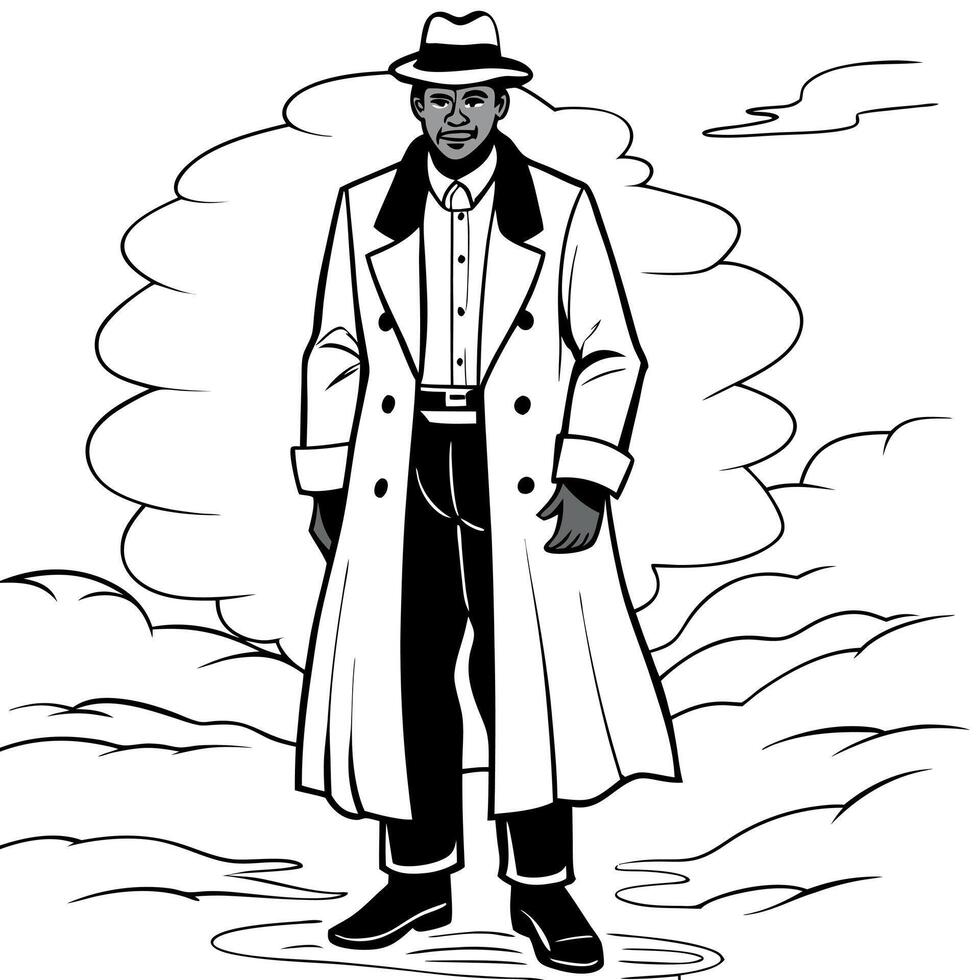 Mysterious African american man wearing a long trench coat in the fog. Noire detective. Economic Transformation era. vector