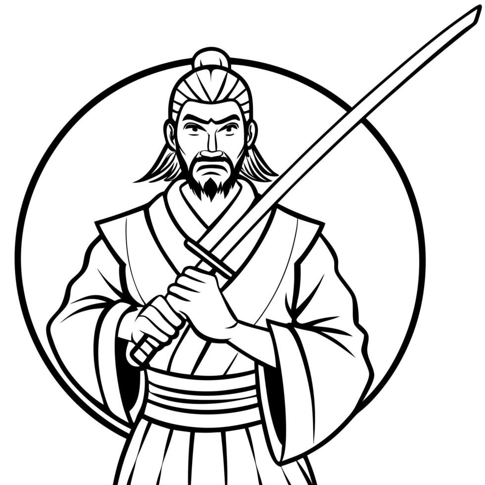 Japanese ferocious samurai warrior with katana on dramatic neutral background vector