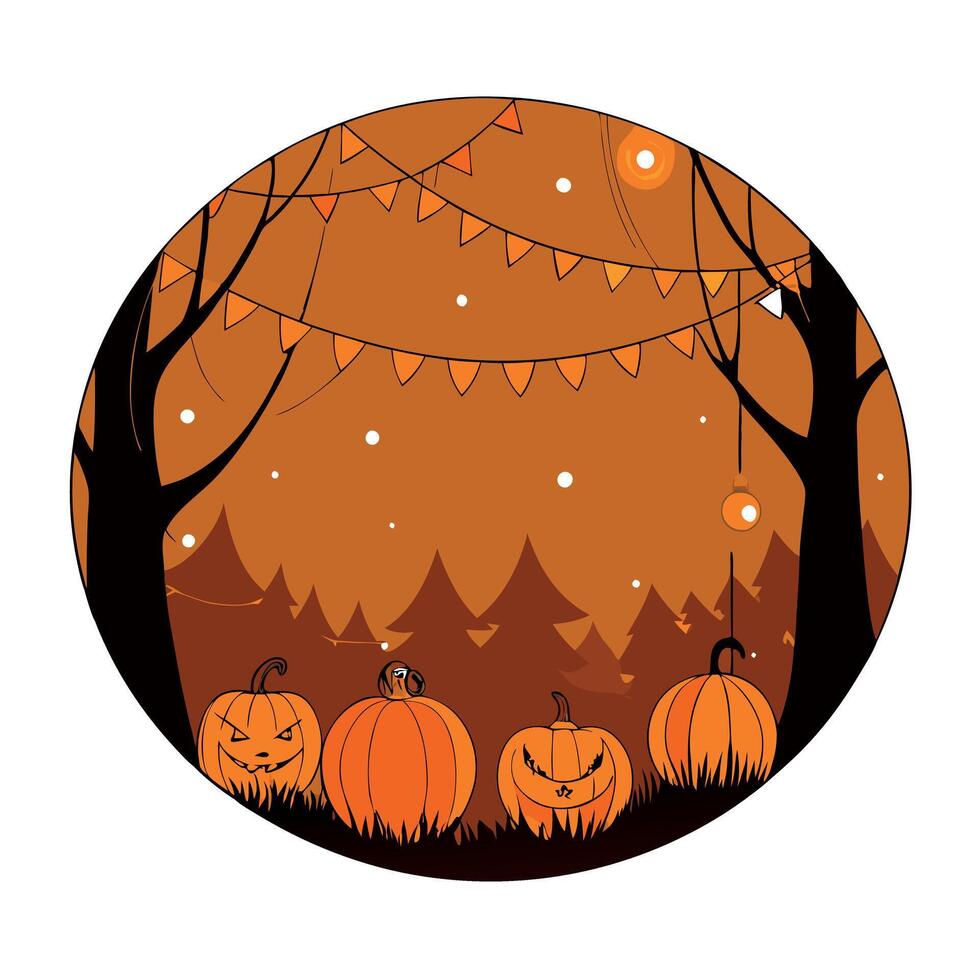 A magical background for Halloween with garlands with orange bokeh lights. Mystical night forest in all saints day. Copy space for text vector