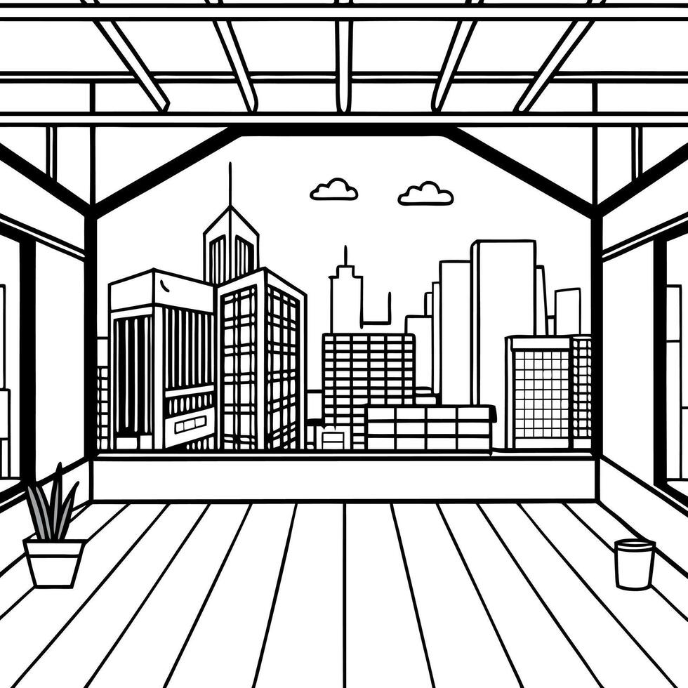 Interior of modern loft with wooden floor and panoramic city view vector