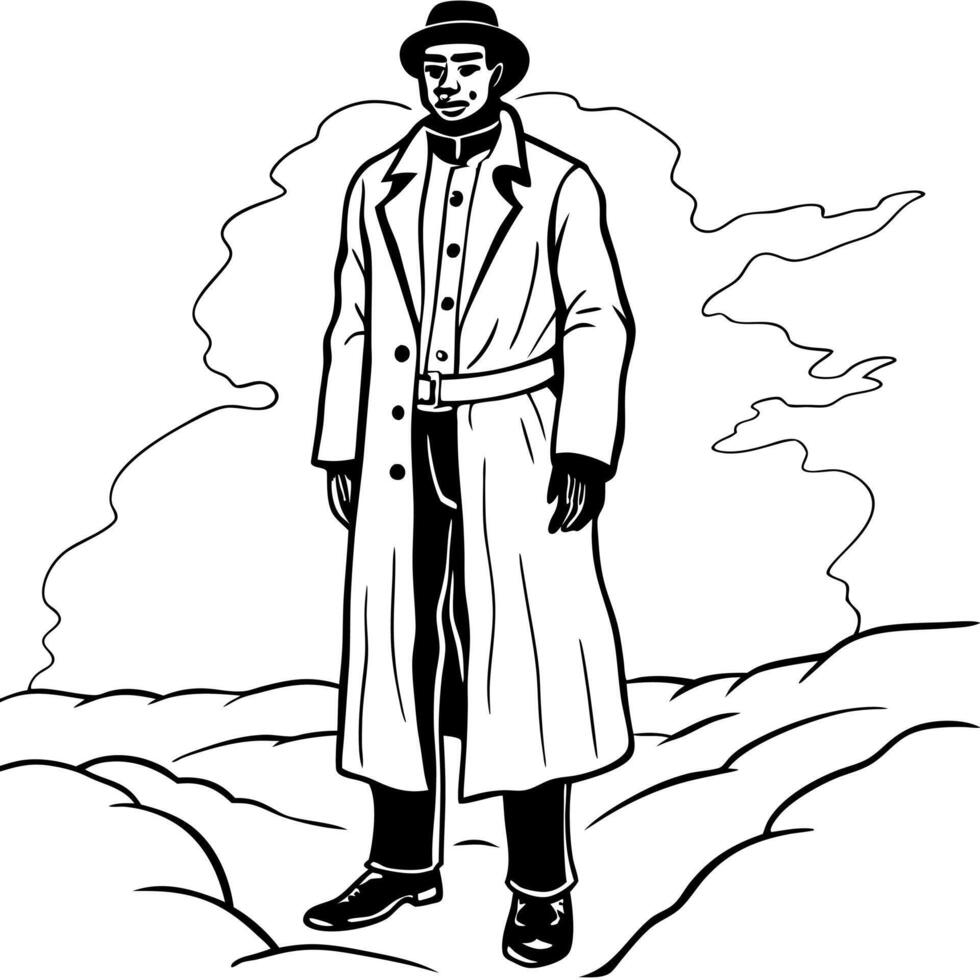 Mysterious African american man wearing a long trench coat in the fog. Noire detective. Social Change and Liberation era. vector