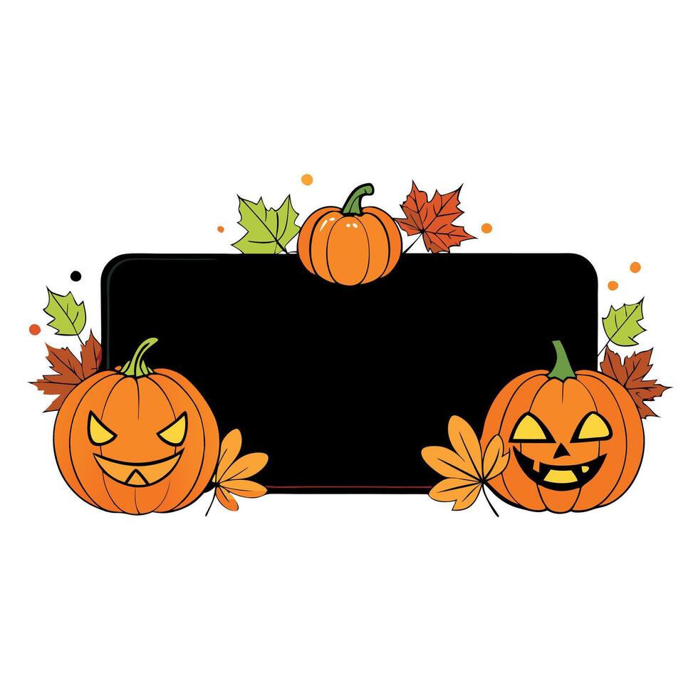 Happy halloween flat lay mockup with pumpkins and leaves on black background. Autumn holiday concept composition. Top view with copy space. . vector