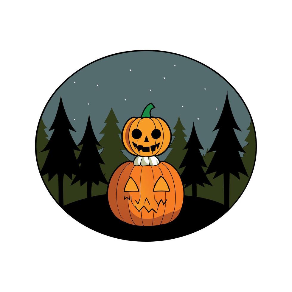 Halloween full moon in creepy pumpkin head jack lantern with full moon in scary deep night dark forest background 3d render. vector