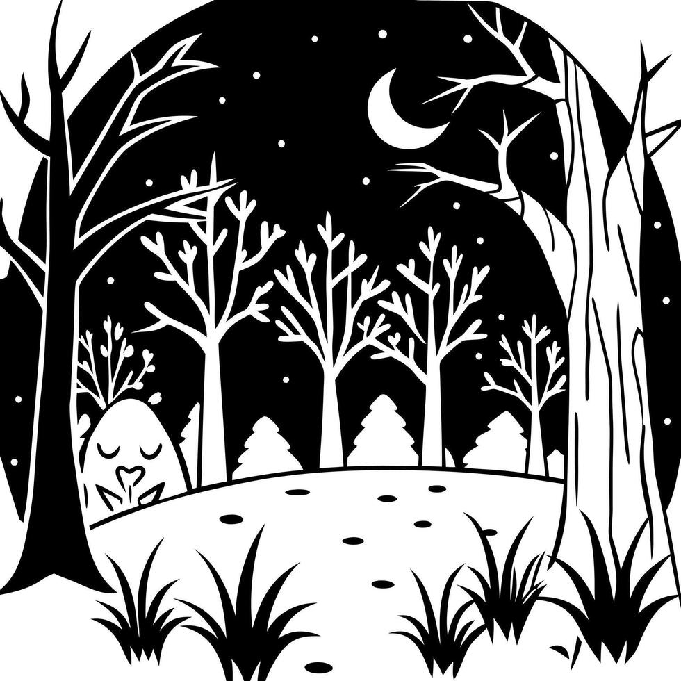 Haunted forest creepy landscape at night. Fantasy Halloween forest background. vector
