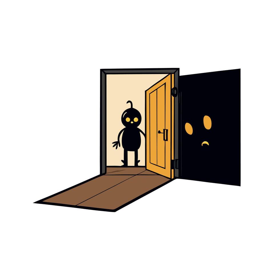 Halloween themed room with an open door in darkness. silhouette concept vector
