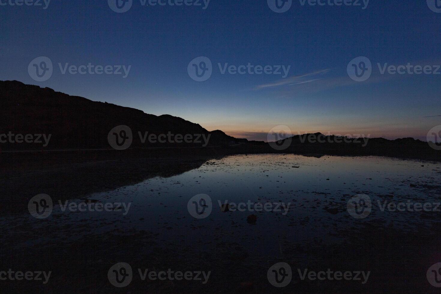 A dark sky with a reflection of water in the water photo