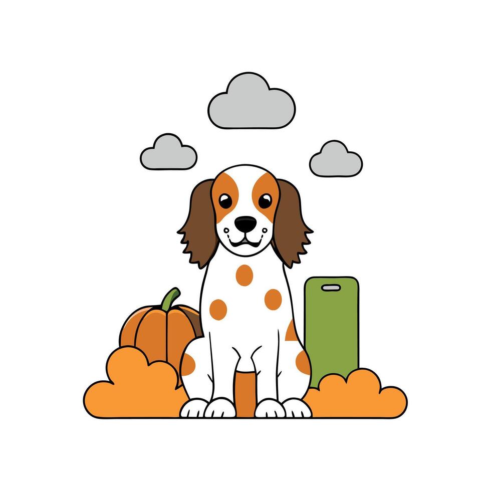 Full-length portrait photography of a funny english springer spaniel playing in the rain against pumpkin patches background. With technology vector