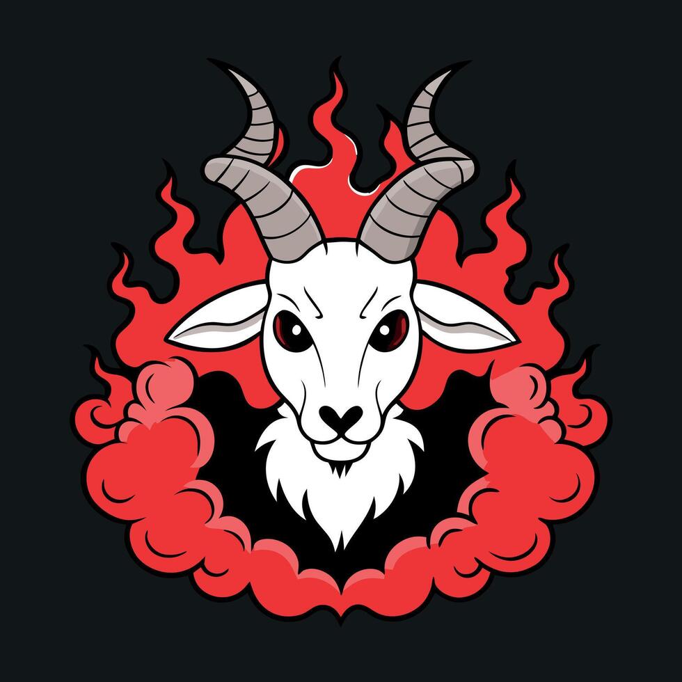 Goat with horns and red smoke on a dark background. Halloween. Baphomet demon goat god. Lucifer. belzebu. Devil with horns. Red fire and smoke in hell. vector