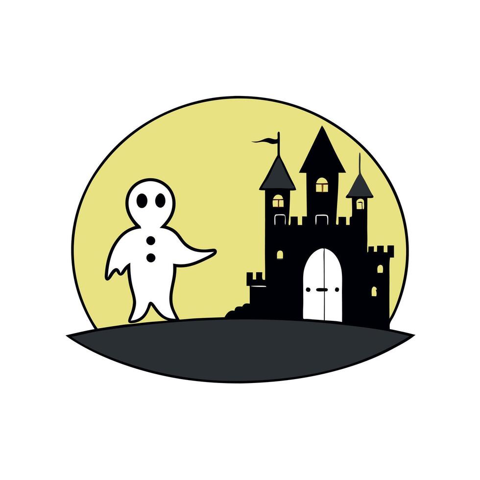 Ghost walking to haunted castle ruins under full moon creating a chilling Halloween scene. silhouette concept vector