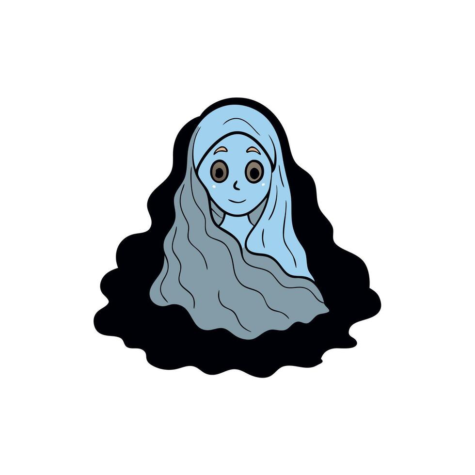 Frightening ghost against black background - portrait of ethereal woman. draped in misty fabric - vector