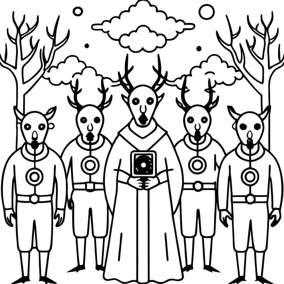Group of deer head cult creature at haunted foggy forest background. technology. vector