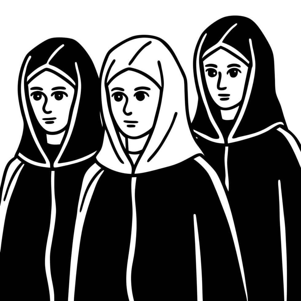 Group of mystery people in black clothes with hood symbolize the anonymity. vector