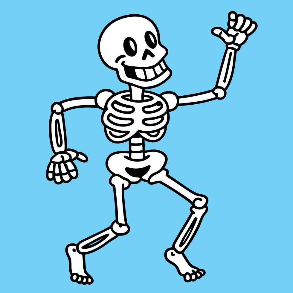 Funny smiling dancing skeleton isolated on blue background vector