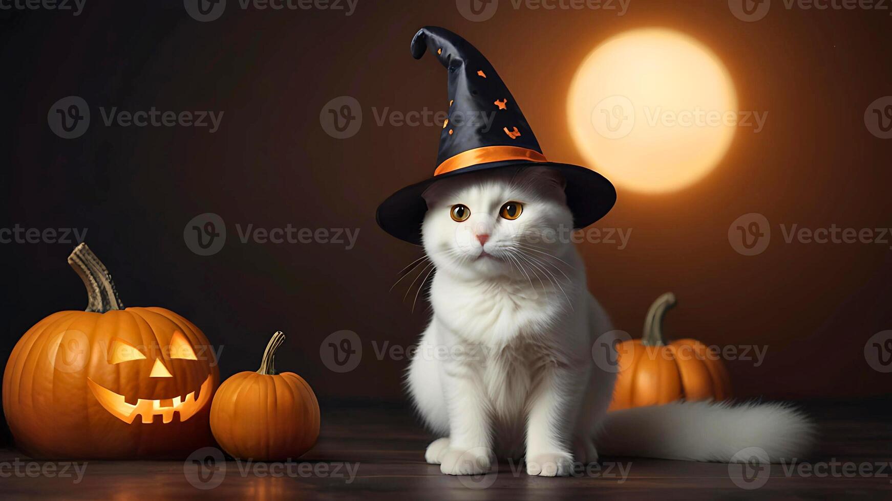 Cute white cat in witch hat sit beside Halloween pumpkins on dark background with copy space photo