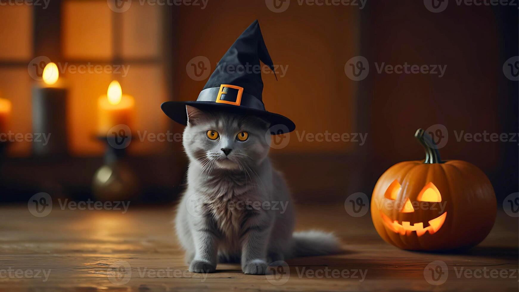 Grey cat in witch hat sitting on wooden floor with glowing pumpkin and lit candle background. Mysterious Halloween night, cute pet in spooky attire concept photo