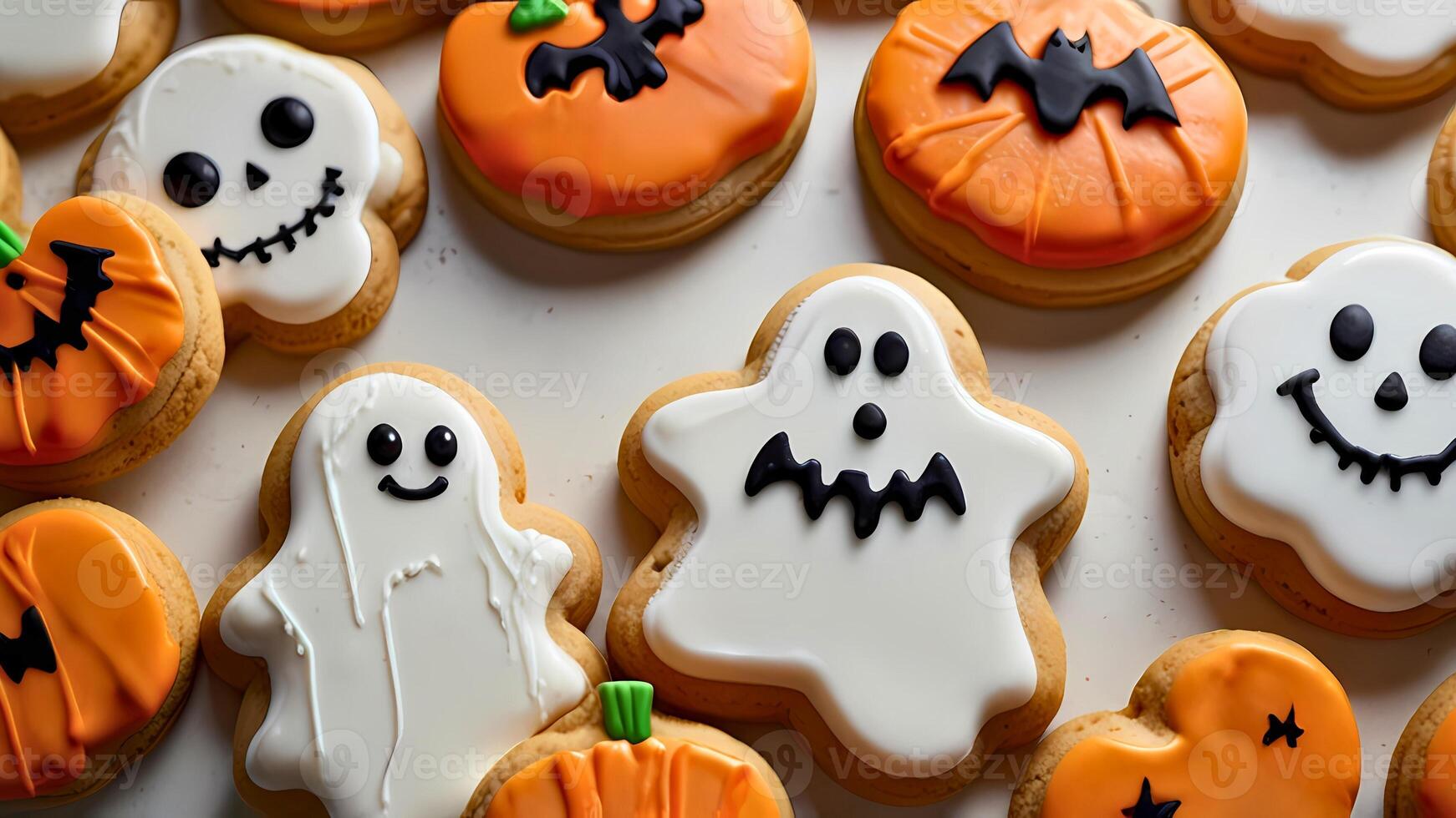 A collection of Halloween cookies with different funny spooky ghosts faces on a white background. Delicious sweet snack and white orange icing, celebrate holiday concept photo