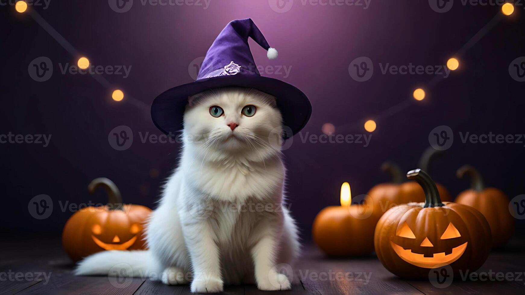 Cute flurry white cat in witch hat with glow pumpkins on dark purple gradient background, selective focus. Adorable pet in mysterious Halloween night concept photo