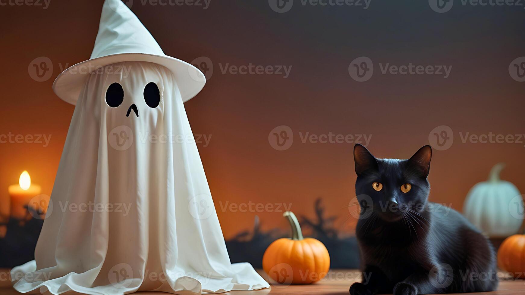 Spooky ghost, black cat and pumpkin on orange gradient background. Halloween illustration with copy space for design, banner, template, artwork, wallpaper photo