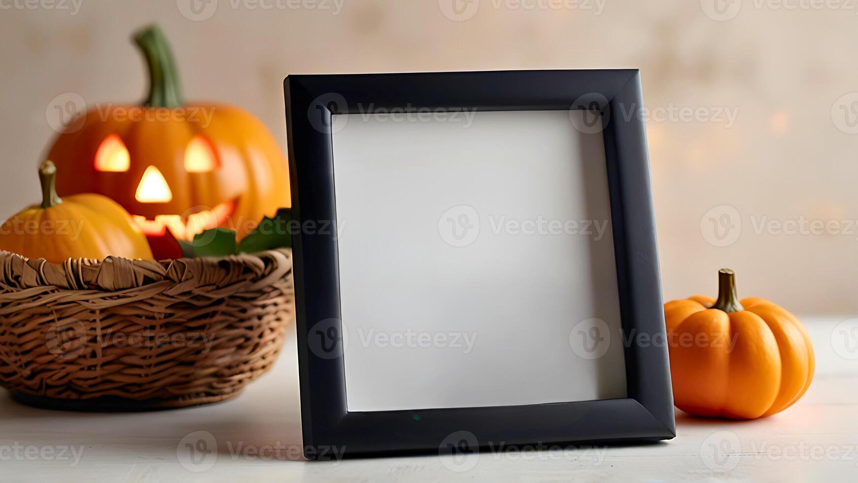 Blank photo frame mockup with Halloween pumpkins on off white wooden table. 3d rendering with copy space, selective focus